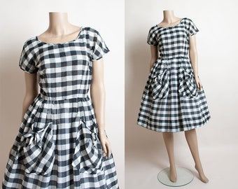 Vintage 1950s Gingham Dress - Black & White Checkered Plaid Cotton Day Dress with HUGE Pockets - Marcy Allen - Small