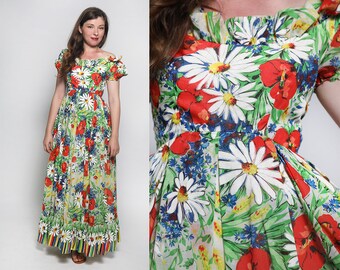 Vintage Emma Domb Maxi Dress - 1960s Rainbow Bright Daisy Floral Border Print All Over Ruffle Floor Length Gown - Small
