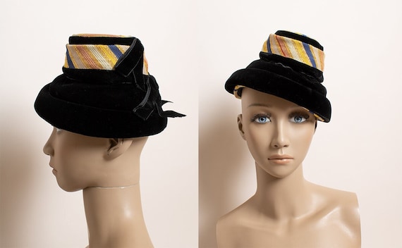 Vintage 1940s Hat - Black Velvet Tilt Tiered Hat With  display picture 2