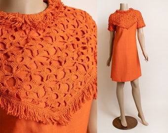 Vintage 1960s Orange Fringe Dress - Mini Pencil Tangerine Floral Flower Crochet Bib Yoke - Linen Mod Go-Go 60s Small