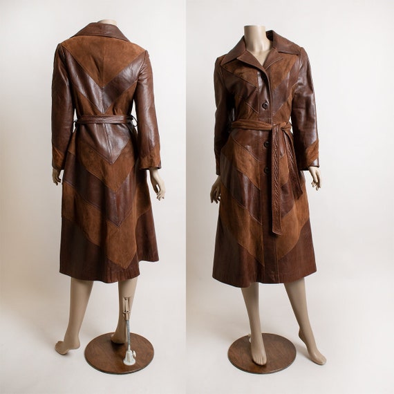 Vintage Brown Leather Trench Coat - Chevron Patte… - image 1