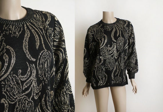 Vintage 1980s Rose Sweater - Golden Metallic & Bl… - image 1