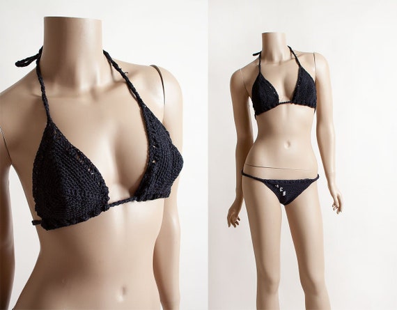 Vintage 1970s Knit Bikini - Itty Bitty Hand Knitte
