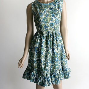 Vintage 1960s Dress Floral Print Aqua Blue and Mint Green Flower Print Cotton Dress Ruffle Hem Small image 2