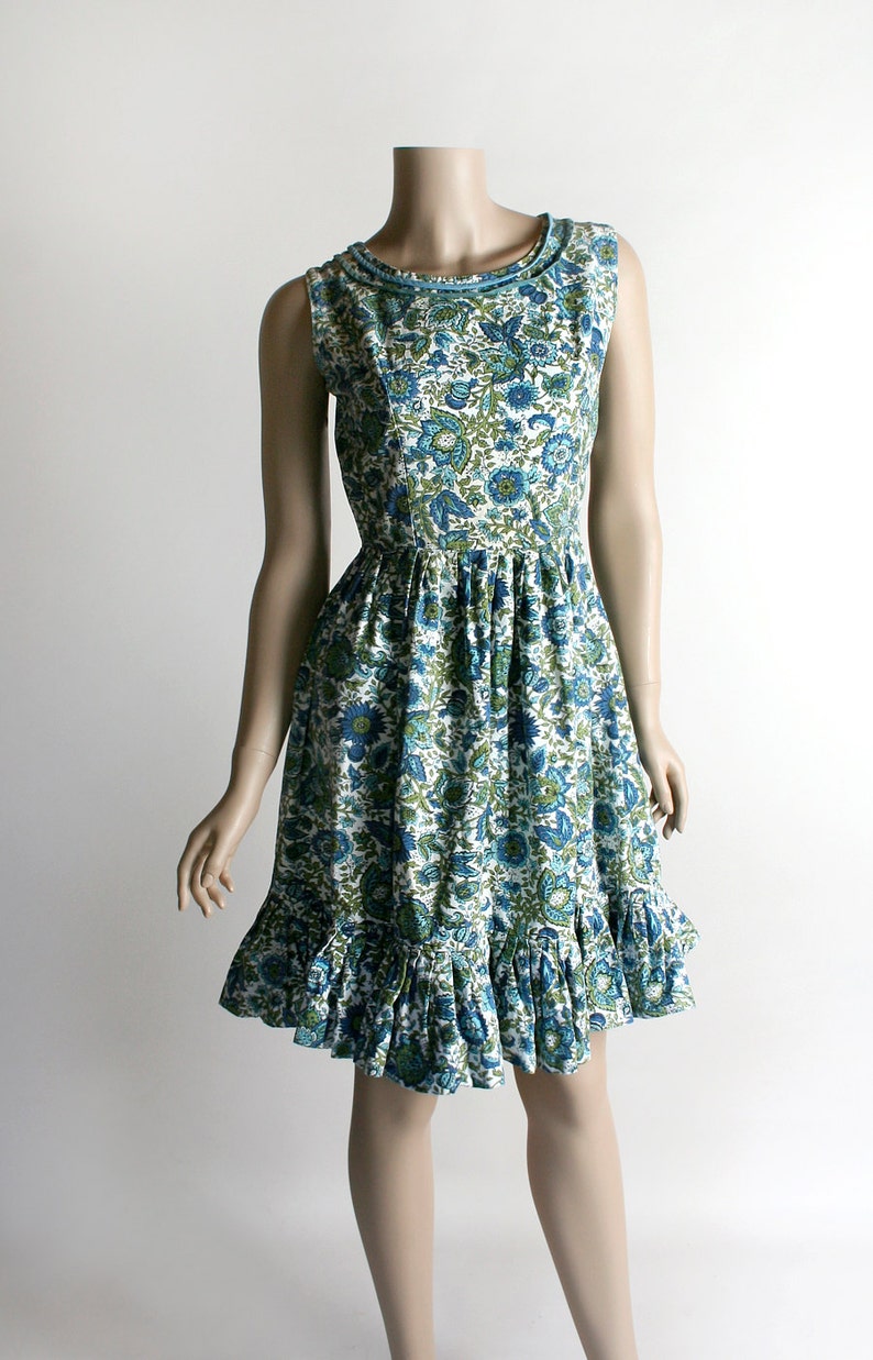 Vintage 1960s Dress Floral Print Aqua Blue and Mint Green Flower Print Cotton Dress Ruffle Hem Small image 2