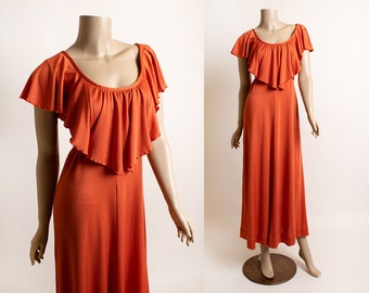 Vintage 1970s Orange Maxi Dress - Pumpkin Spice Flutter Capelet Lettuce Hem Neckline - Floor Length Gown - Disco Dress - Small