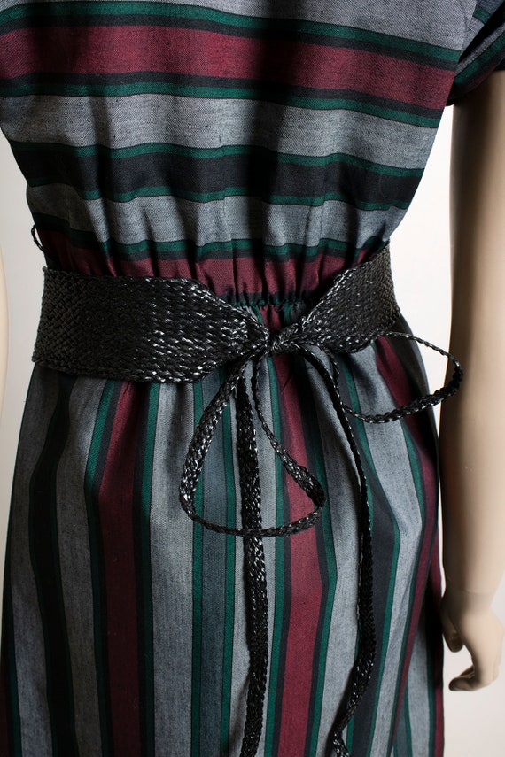 Vintage 1980s Striped Dress with Belt - Maroon Bu… - image 5