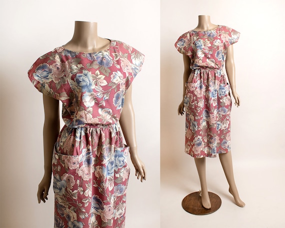 Vintage1980s Floral Dress - Maroon Mauve Pastel R… - image 1