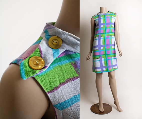 Vintage 1960s Mod Dress - Geometric Plaid Print B… - image 1