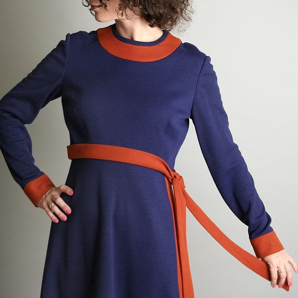 Late 1960s Dress vintage Anne Fogarty Navy Blue and Tangerine Dress Sodalite Indigo