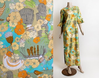 RESERVED Vintage 1970s Hawaiian Maxi Dress - Pake Muu Style - Ruffle Trumpet Sleeve Tiki Statue Totem Novelty Print Floral - McInerny Small