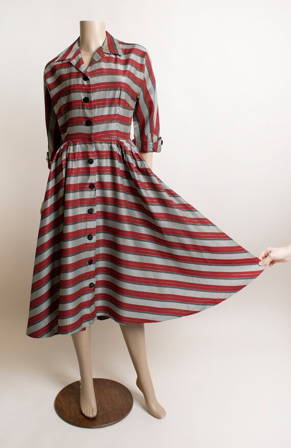 Vintage 1950s Striped Dress - Dark Red Metallic S… - image 8