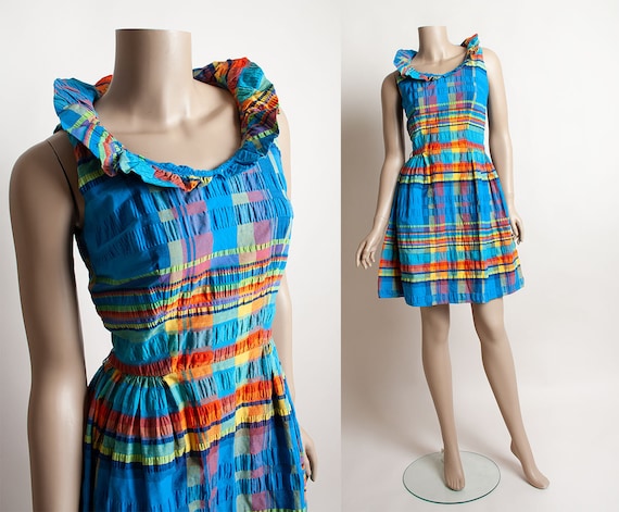 Vintage 1960s Mini Dress Bright Blue Rainow Plaid Dolly Dress With