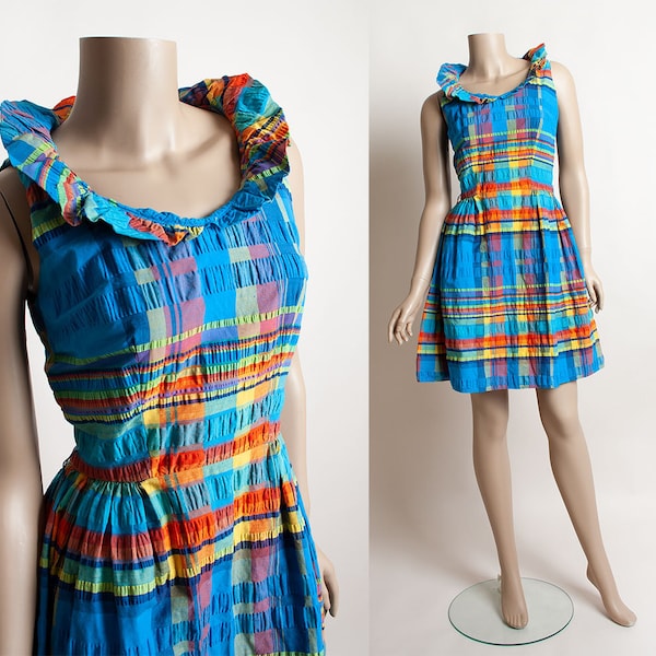 Vintage 1960s Mini Dress - Bright Blue Rainow Plaid Dolly Dress with Tall Ruffle Neckline Collar - XS