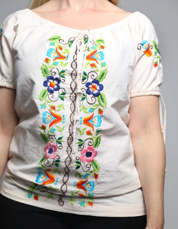 Vintage Embroidered Mexican Blouse - Rainbow Colo… - image 3