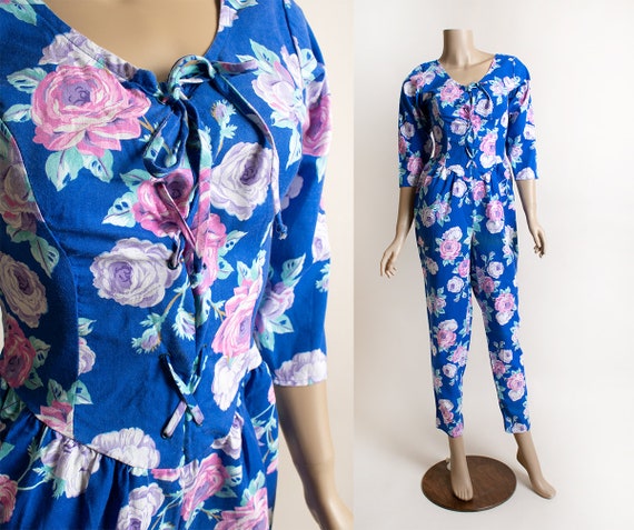 Vintage 1980s Floral Jumpsuit - Bright Royal Blue… - image 1