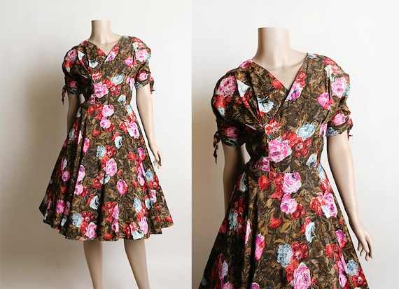 Vintage 1950s Dress - Rose Print Pink & Red on Br… - image 1