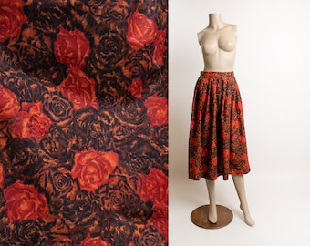 Vintage 1960s Rose Print Skirt - Ruby Red Orange and Browns Floral Flower Garden Pleat Knee Length Cotton Skirt - 26" waist small