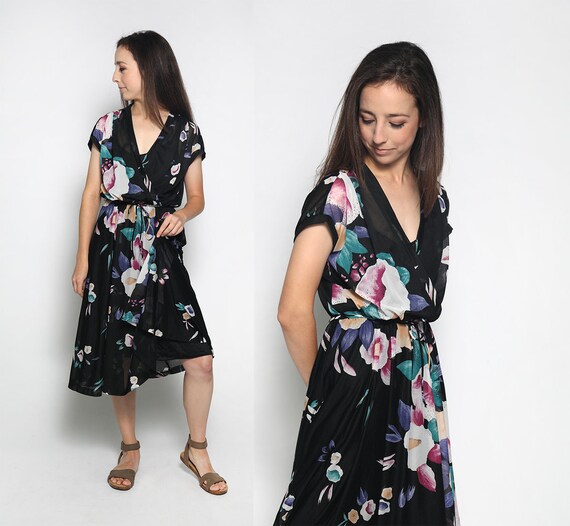 Vintage 1970s Floral Dress - Sheer Dark Floral Bla