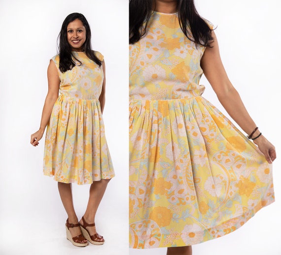 Vintage 1960s Floral Dress - Spring Pastel Yellow… - image 1