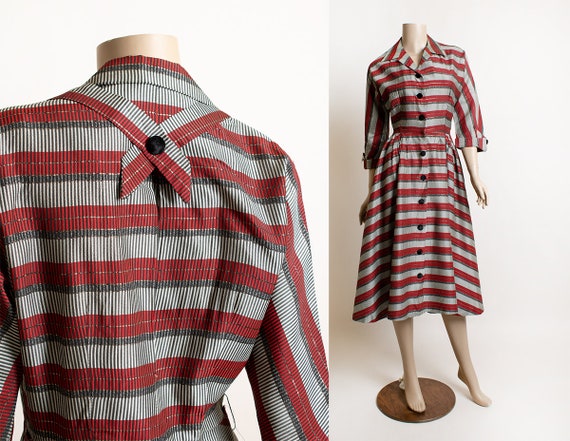 Vintage 1950s Striped Dress - Dark Red Metallic S… - image 1