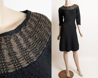 Vintage 1950s Knit Dress - 50s Black Woven Neckline Snyderknit 40s Style Boucle Flare Skirt Noir Hand Loomed Knitwear - Small