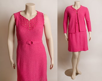 Vintage 1970s Pink Knit Dress & Coat Set - Hot Pink Bubble Button Sheath Midi Dress with Matching Jacket - Katrina Custom - Medium Large