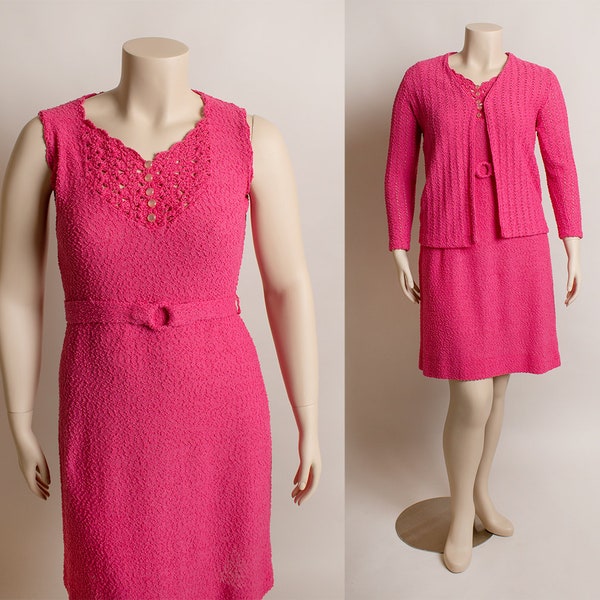 Vintage 1970s Pink Knit Dress & Coat Set - Hot Pink Bubble Button Sheath Midi Dress with Matching Jacket - Katrina Custom - Medium Large