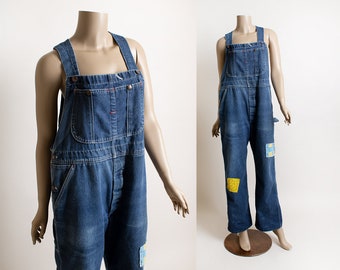 Vintage Big Mac Denim Overalls - Large Carpenter Style Coveralls Jeans - Patchwork Patch - Hippie Farmer Farm - XL