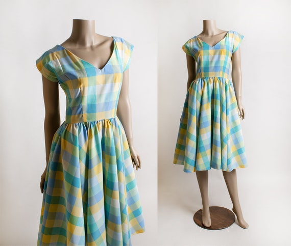 Vintage 1980s Plaid Dress - Pastel Blue Yellow Gr… - image 1