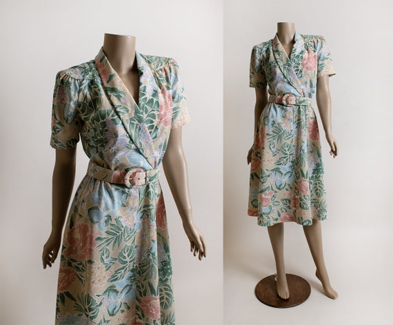 Vintage 1980s Floral Dress - Pastel Rose Pink & M… - image 1