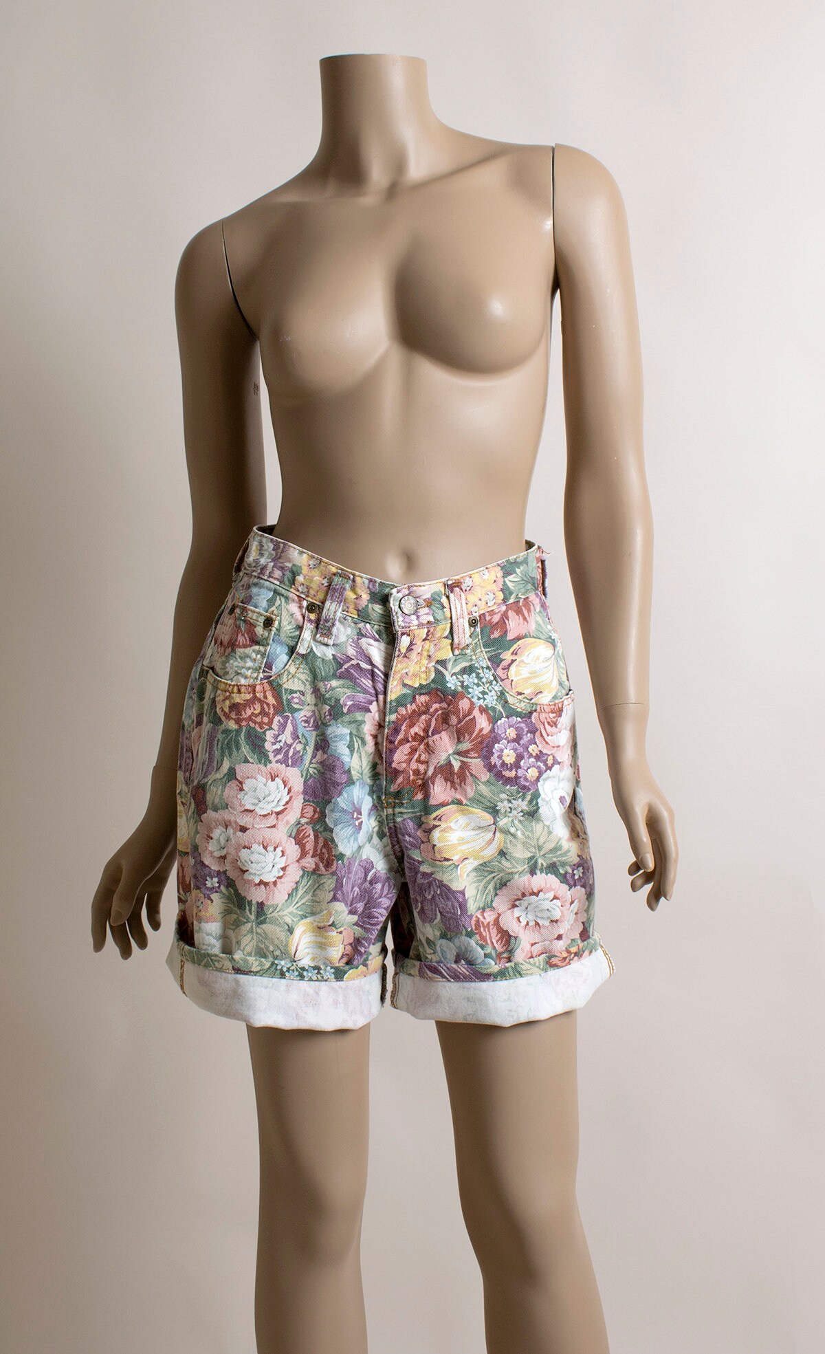 Vintage 1980s Floral Print Jean Shorts - Pastel Flower