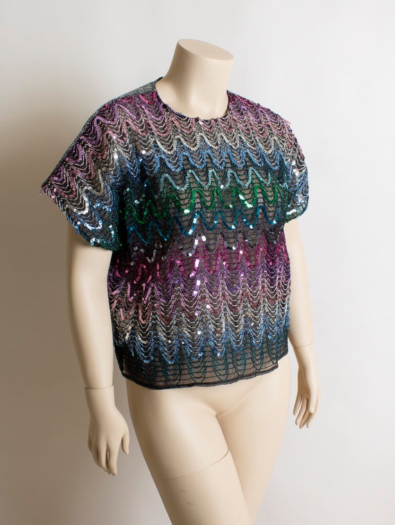 Vintage 1980s Sequin Top - Sheer Rainbow Ombre Wa… - image 2