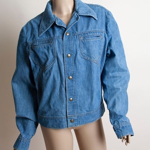 Vintage 1970s Denim Jacket Lee Set Medium Blue Jean Jacket Mens Unisex Snap Button Front Medium Large image 2