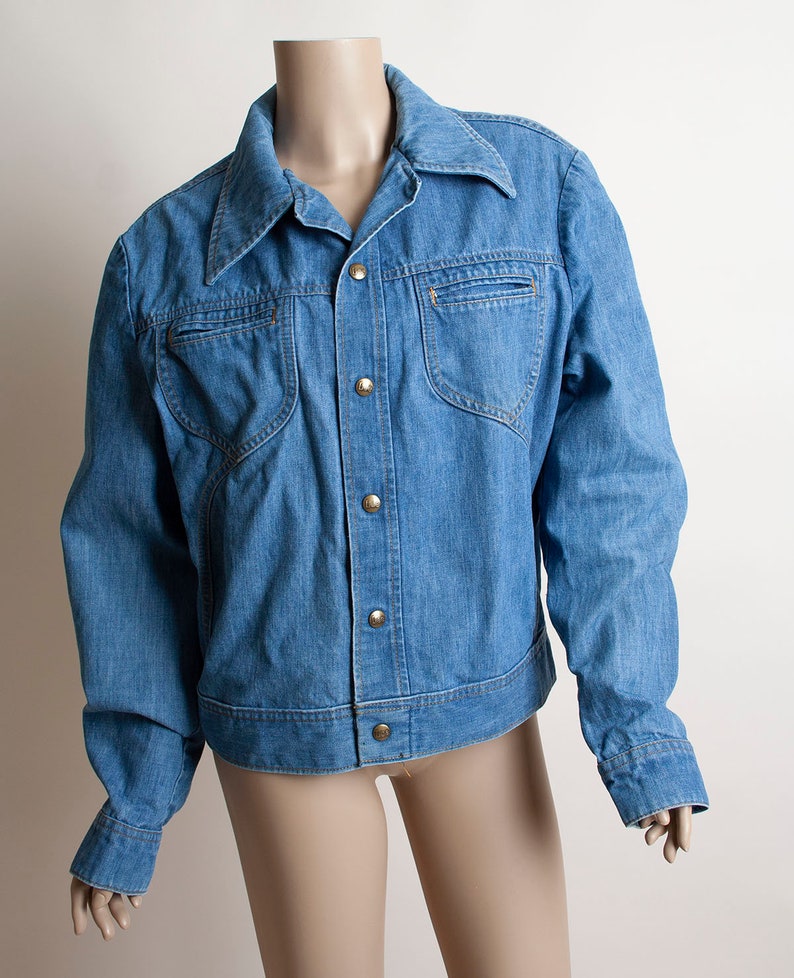 Vintage 1970s Denim Jacket Lee Set Medium Blue Jean Jacket Mens Unisex Snap Button Front Medium Large image 2