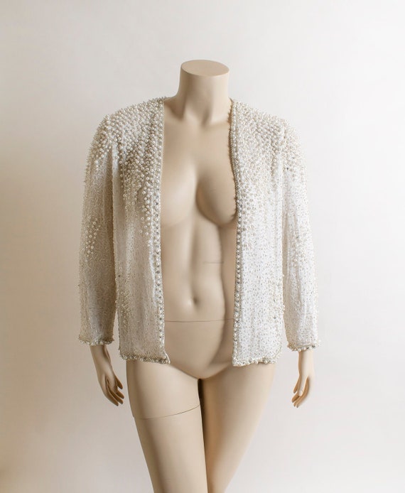 Vintage Pearl Beaded Silk Cardigan Top - Saks Fif… - image 1