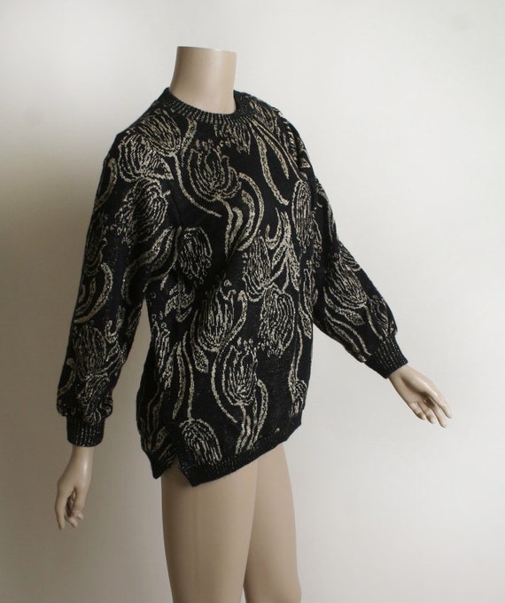 Vintage 1980s Rose Sweater - Golden Metallic & Bl… - image 3