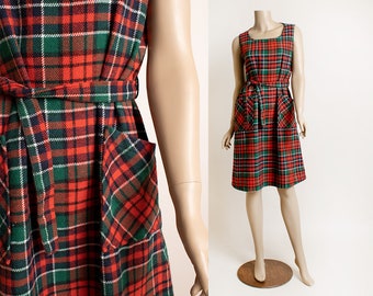Vintage 90s Red Plaid Dress - Grunge Jumper Sleeveless Tunic with Waist Tie and Front Pockets - Wool Tartan Punk - Blair Boutique Small