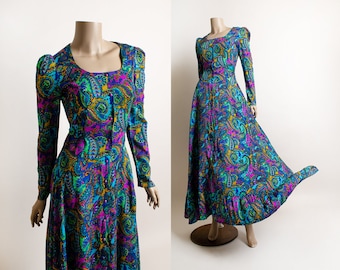 Vintage 1960s Psychedelic Floral Print Barckcloth Maxi Dress - Puff Shoulders Long Sleeves with Button Up Front and Back Waist Bow Tie Blue