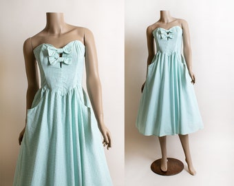 Vintage Gunne Sax Dress - Strapless 1980s Teal Sea Foam Green and White Gingham Picnic Full Skirt Sundress with Front Bows - Small