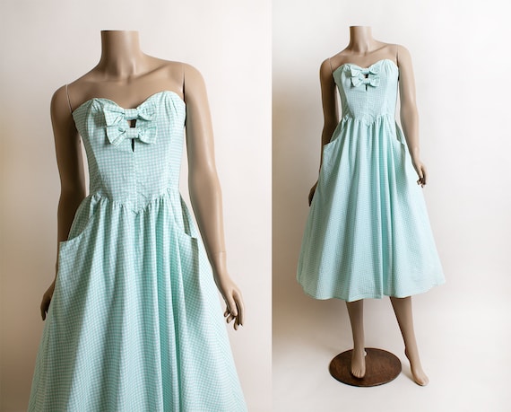 Vintage Gunne Sax Dress - Strapless 1980s Teal Se… - image 1