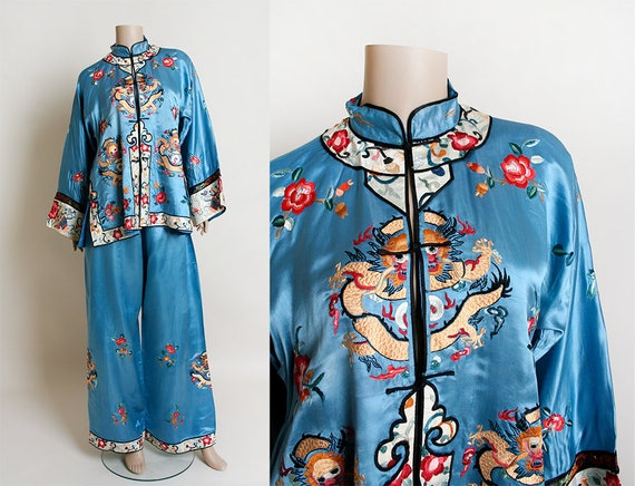 Vintage Chinese Pajamas - Sky Blue Silk MONKEY Dra