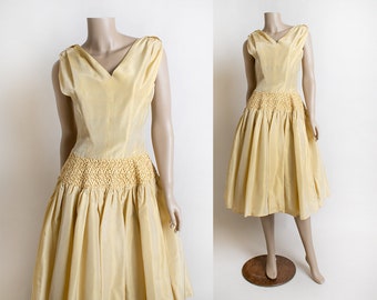 Vintage 1950s Party Dress - Golden Mustard Yellow Drop Waist Bow Applique Bustle Dress - Formal Evening Date - Small