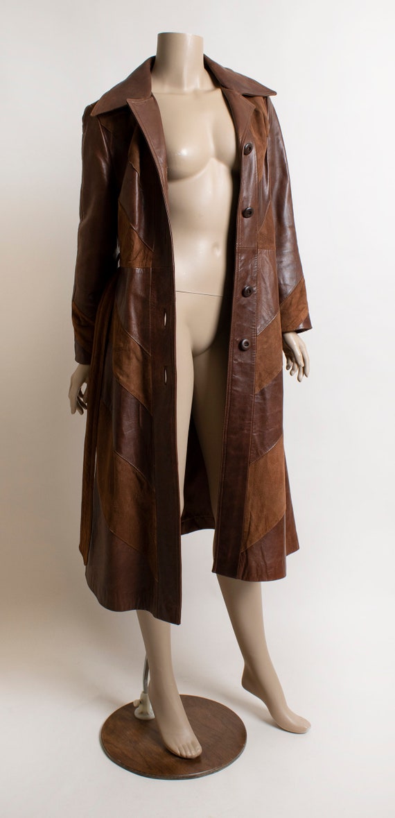 Vintage Brown Leather Trench Coat - Chevron Patte… - image 6