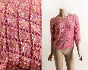 Vintage 1960s Pink Sequined Wool Sweater Top - Iridescent Clear Sequins and Beads - Back Metal Zip - Macy's California - Glam Evening Date