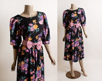 Vintage 1980s Floral Print Lanz Dress - Puff Short Sleeves Big Pink Bow Belt - Rayon Dark Black Garden Bloom Midi Tea Length Rayon - Medium