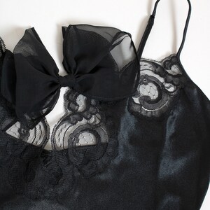 Vintage 1990s Black Lace Teddy - Lingerie Sexy High Cut Spaghetti Strap Bodysuit - Sheer Ruffle Hips - Bow - Josie Medium Large Y2k image 8