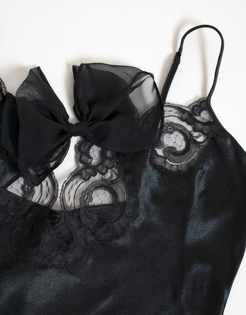 Vintage 1990s Black Lace Teddy - Lingerie Sexy High Cut Spaghetti Strap Bodysuit - Sheer Ruffle Hips - Bow - Josie Medium Large Y2k image 8