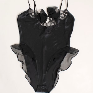 Vintage 1990s Black Lace Teddy - Lingerie Sexy High Cut Spaghetti Strap Bodysuit - Sheer Ruffle Hips - Bow - Josie Medium Large Y2k image 6