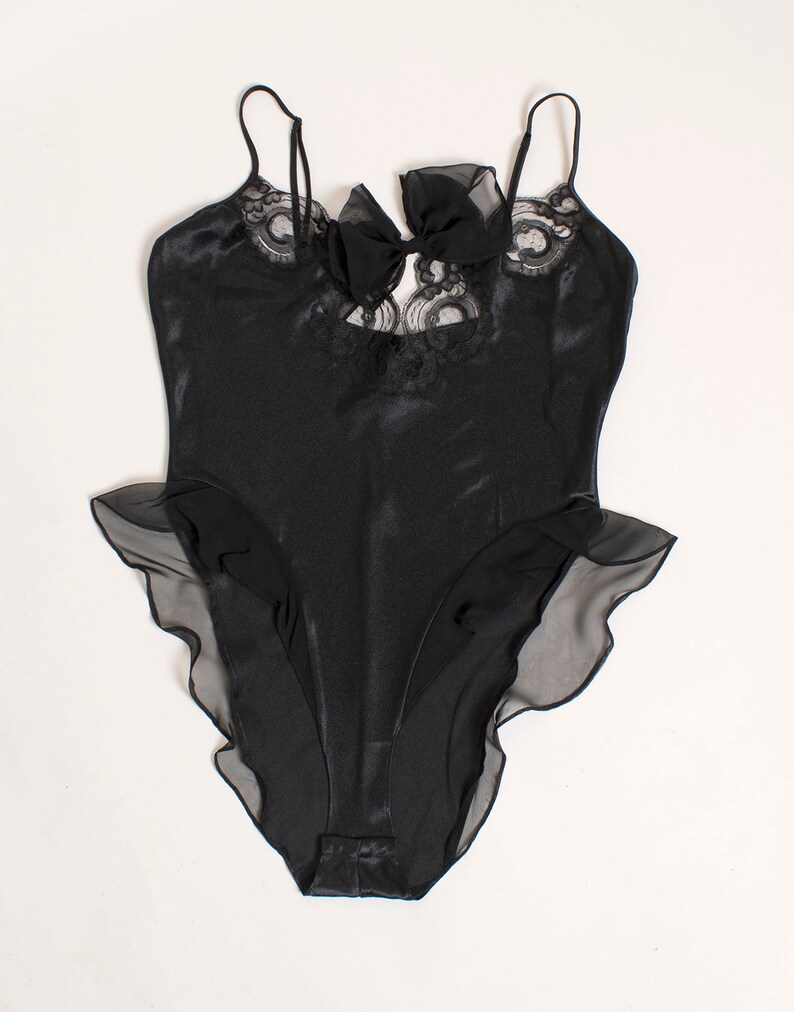 Vintage 1990s Black Lace Teddy - Lingerie Sexy High Cut Spaghetti Strap Bodysuit - Sheer Ruffle Hips - Bow - Josie Medium Large Y2k image 6
